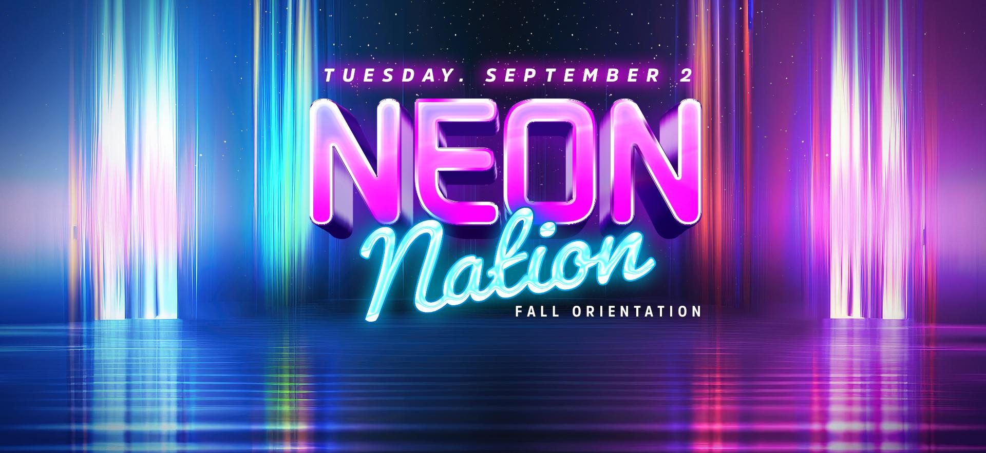 Neon Nation Orientation banner image with bright neon colours and letters