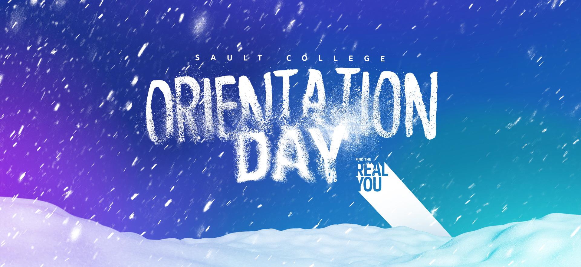 Orientation Day written like snow over blue snowy background