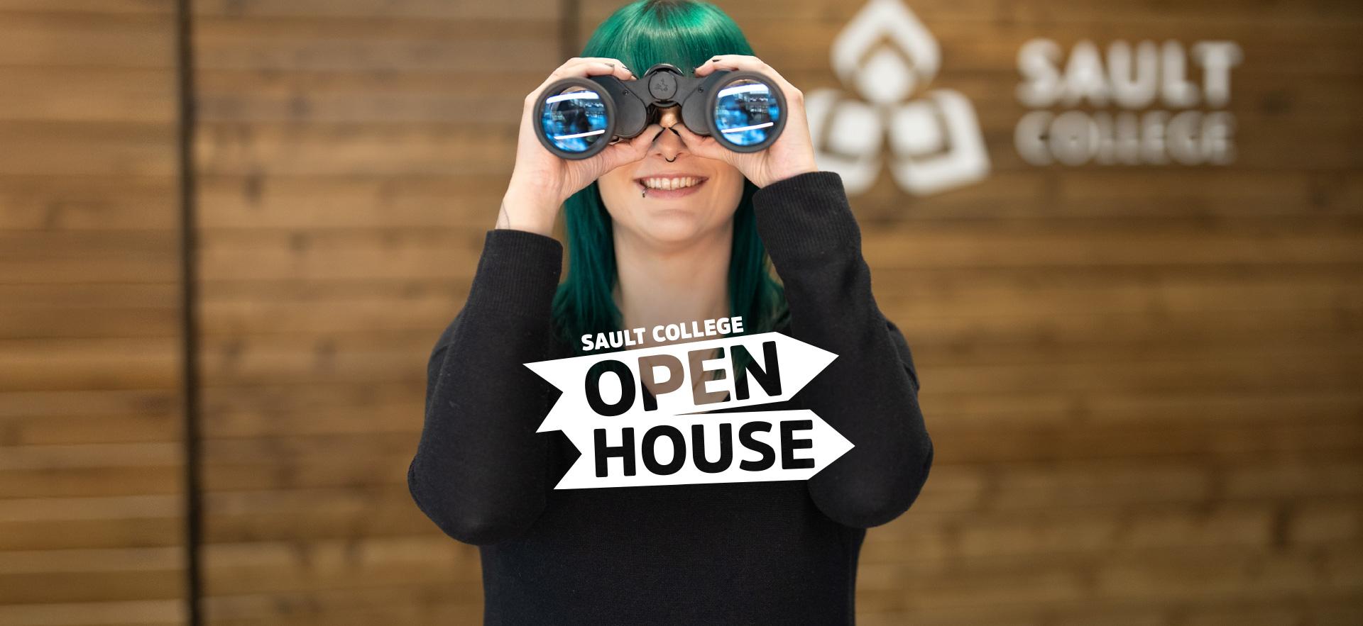 Student recruiter looking through binoculars with text about Open House