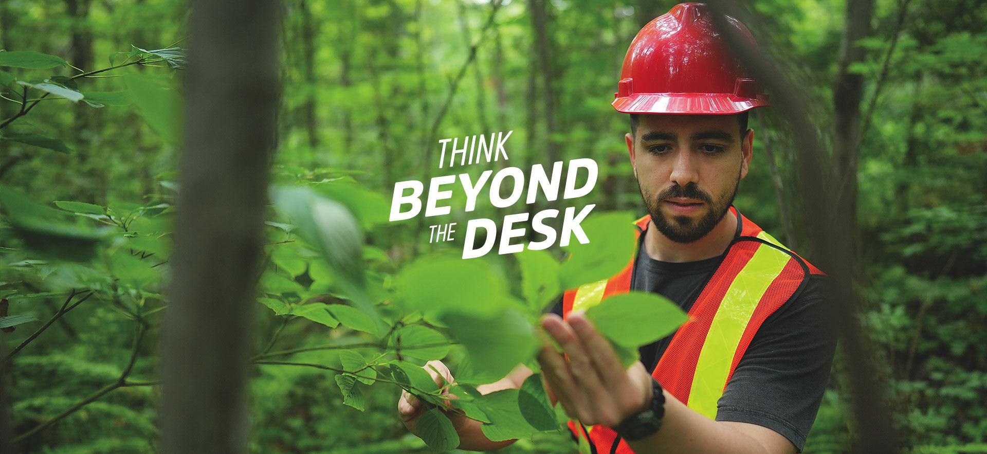 Outdoor student looking at leaf 
