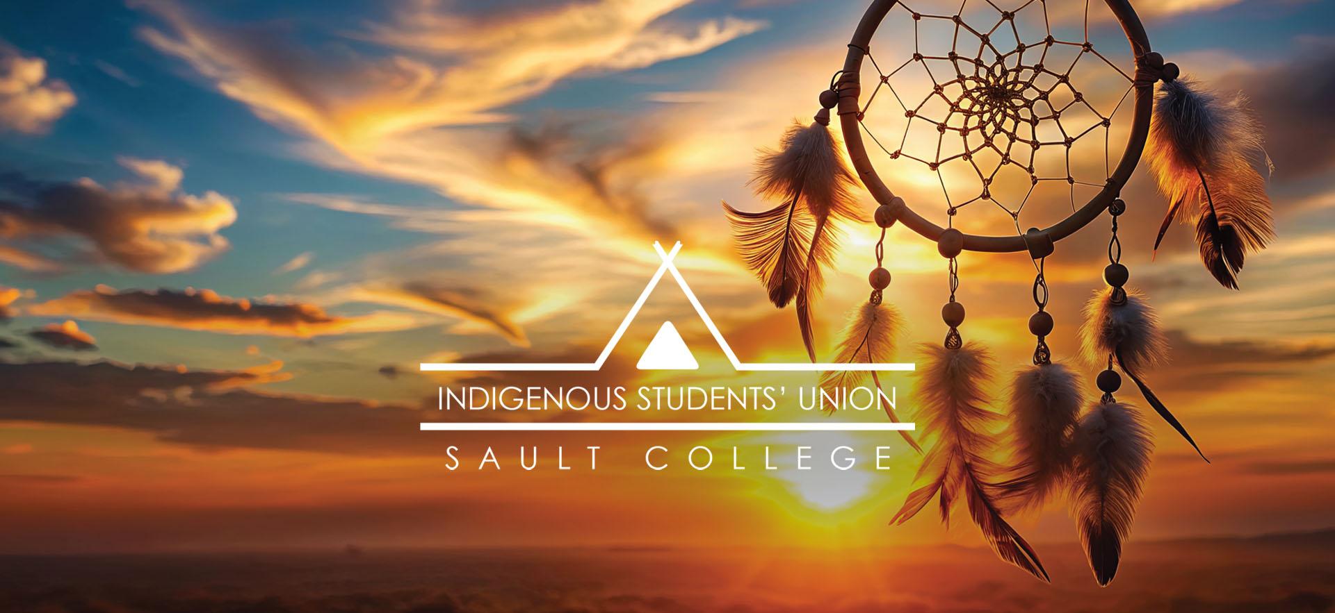 Indigenous Students' Union logo over a sunset sky background with dreamcatcher