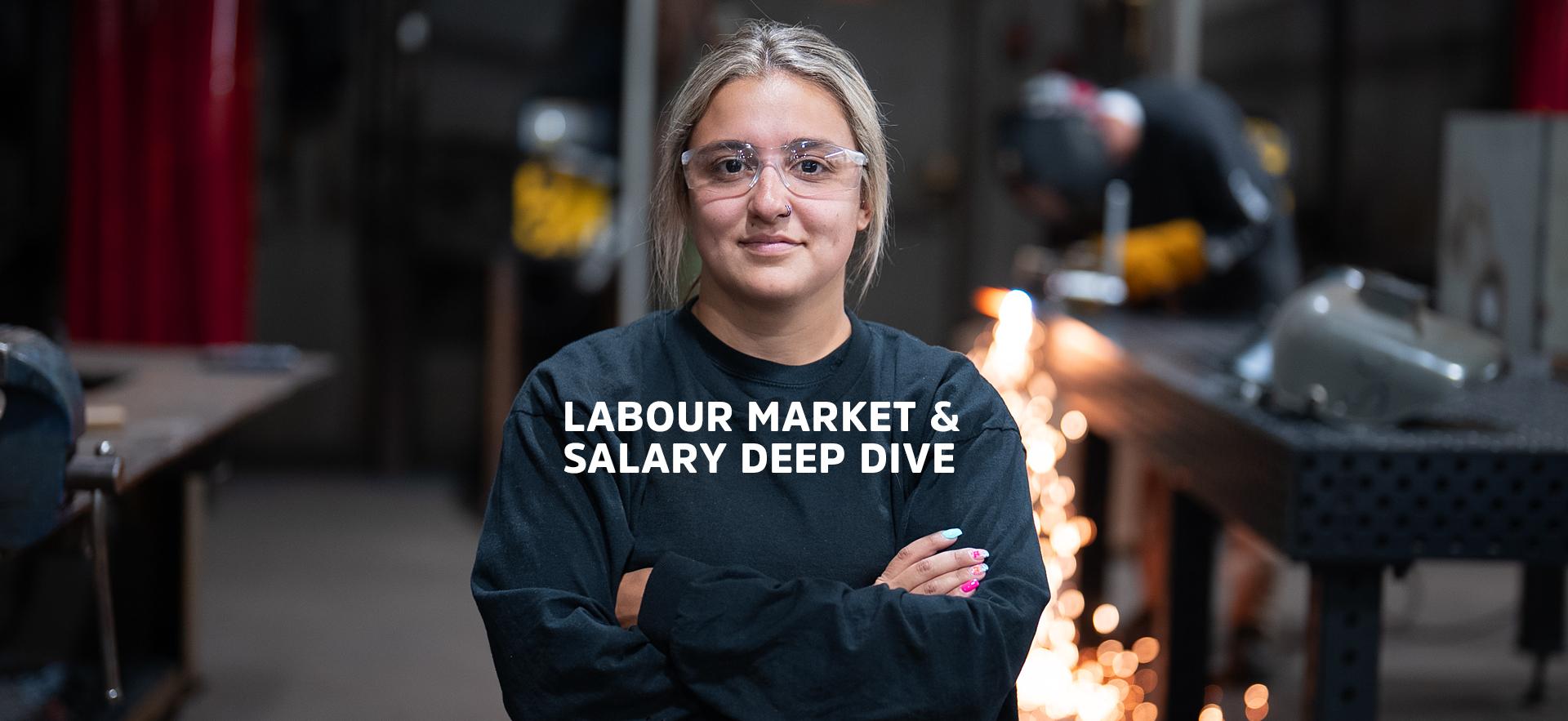 Welding student crossing arms looking at camera in welding shop with Deep Dive text overlay