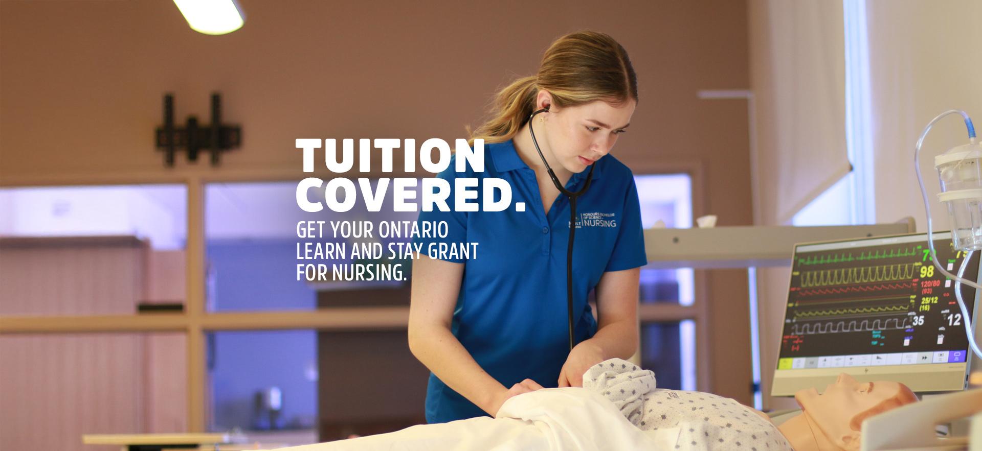 Nursing student checking vitals on sim with text tuition covered for OLSG