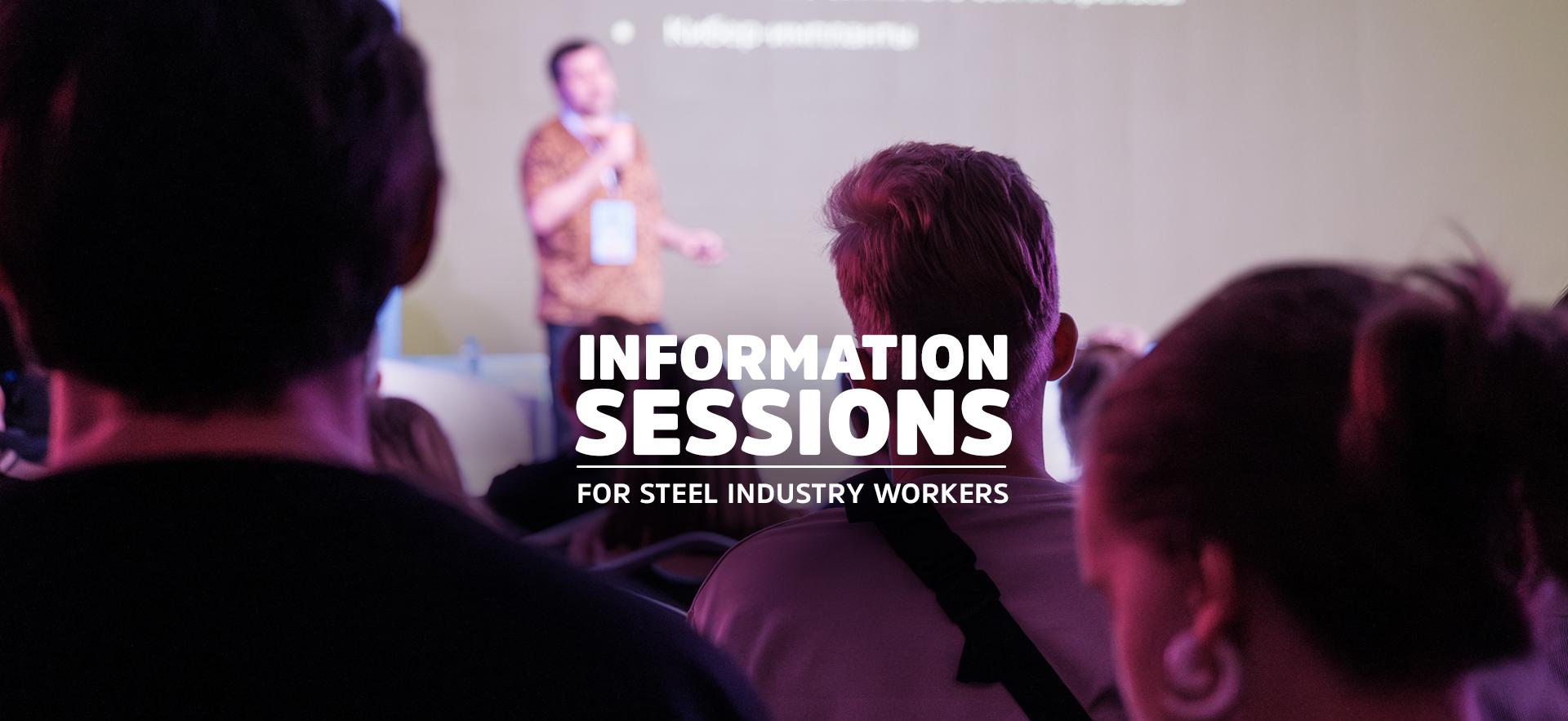 Photo of person on stage and people sitting in audience with Info Session text