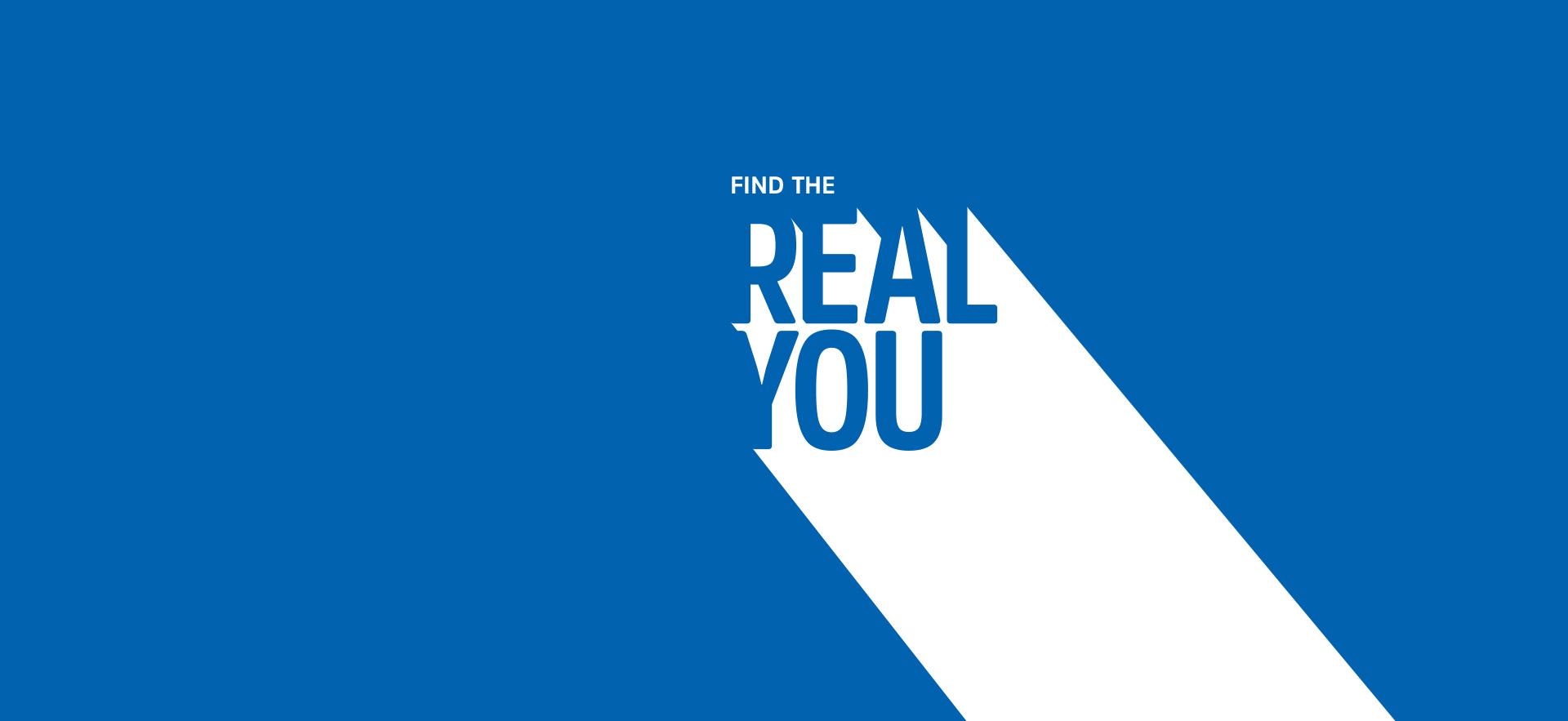 Blue background with white Find the Real You for Sault College brand