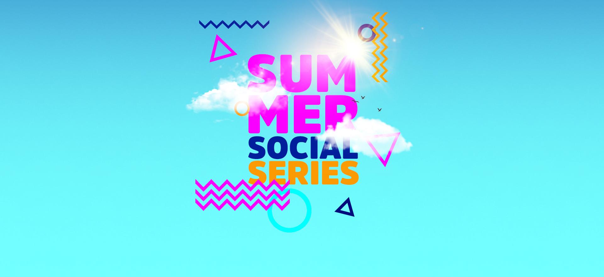 Summer Social Series text with clouds and sunshine elements