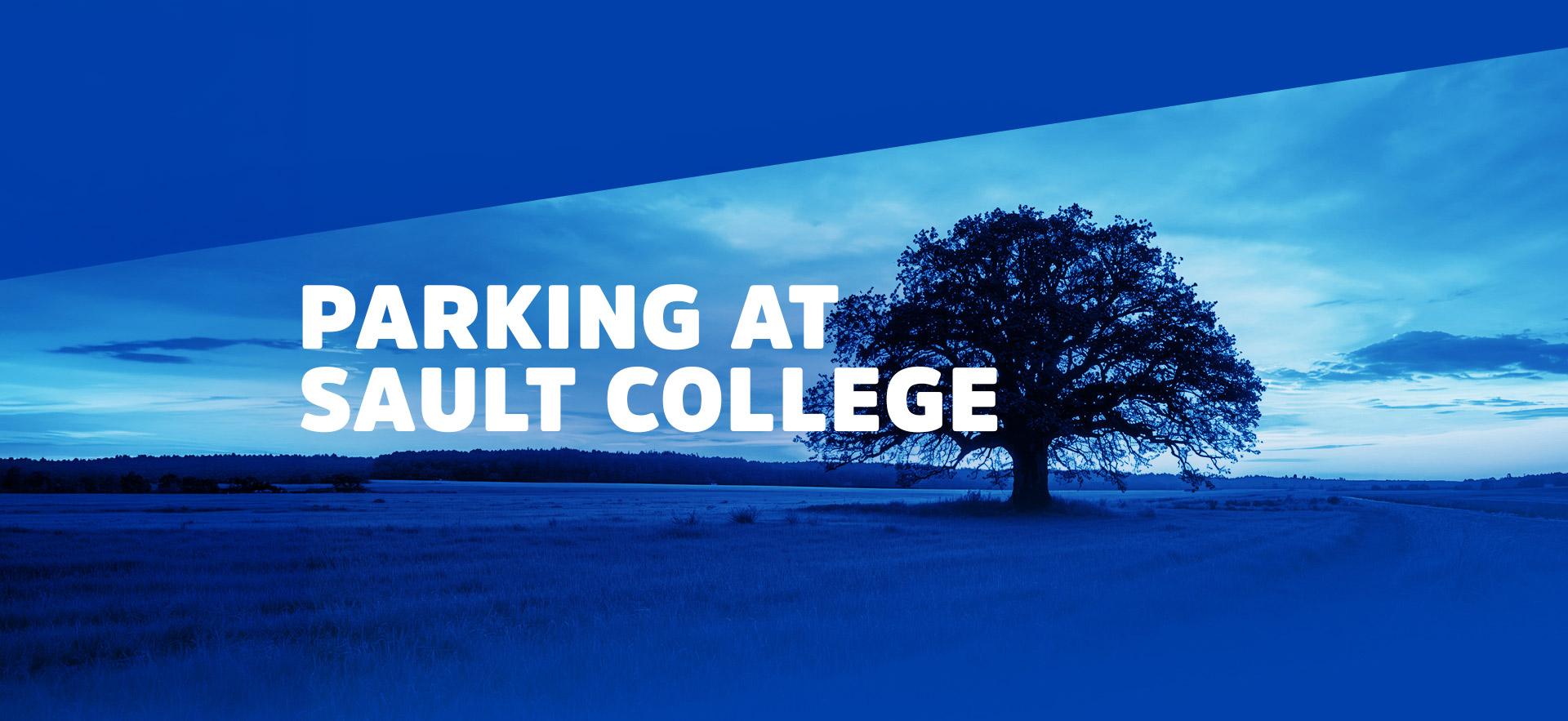 Tree landscape image with blue colour elements and Parking at Sault College text
