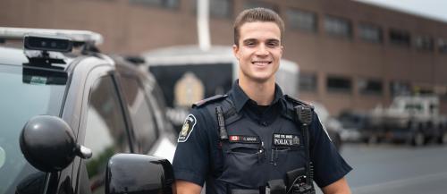 Policing student in city police uniform